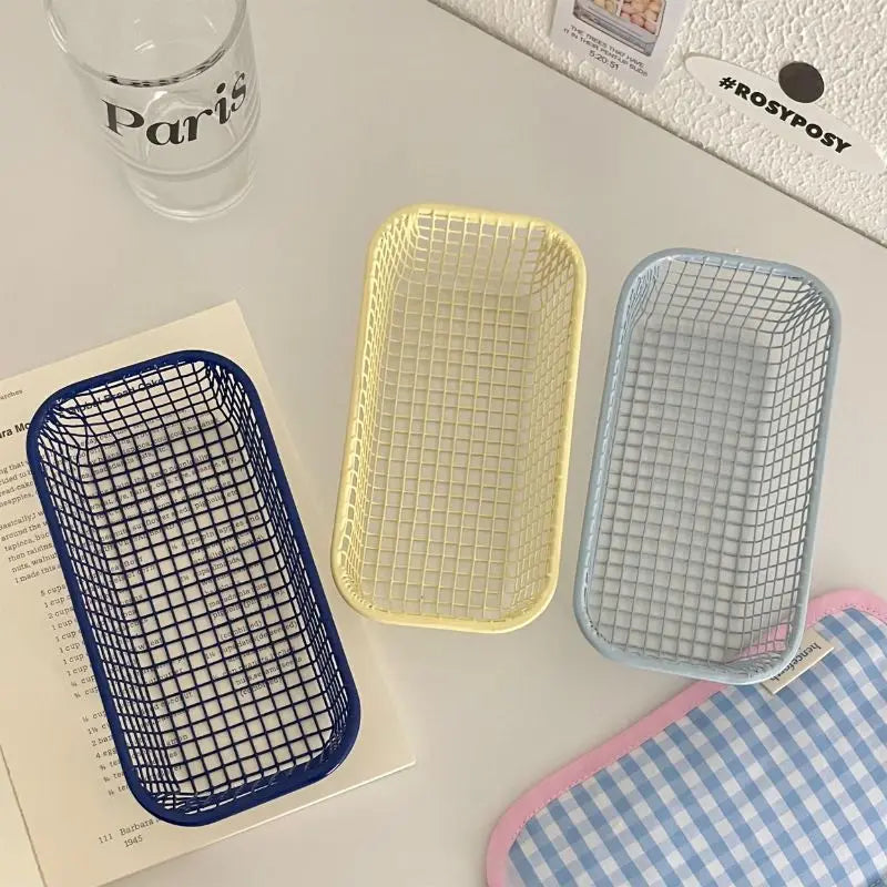 Qfdian Desktop Storage Basket INS Metal Sundries Organizer Basket Photocard Case Office Stationery Home Supplies Make Up Sorting Holder