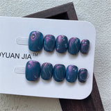 Qfdian Short Handmade Press on Nails Design Cat Eye Glitter False Nail Reusable Wearable Manicure Art Round Head Finger Tips Fake Nails