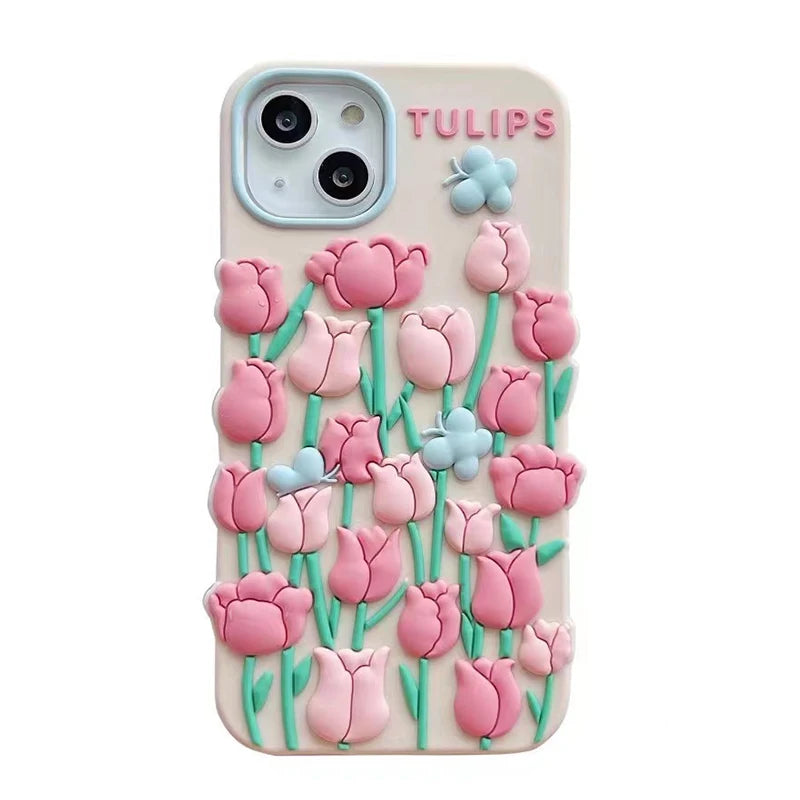Qfdian Cute 3D Tulip Flower Butterfly Case For iPhone 13 12 11 14 15 Pro Max XS X XR 7 8 14 Plus SE 3 2 Silicone Soft Phone Back Cover