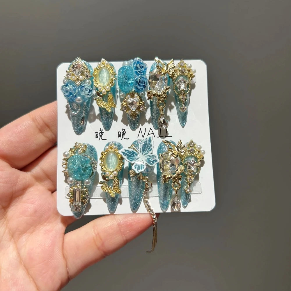 Qfdian 10Pcs High Quality Handmade Press on Nails Qingwu Yuanshan Green Spring/Summer Explosive Luxury Heavy Industry Niche Style Hot