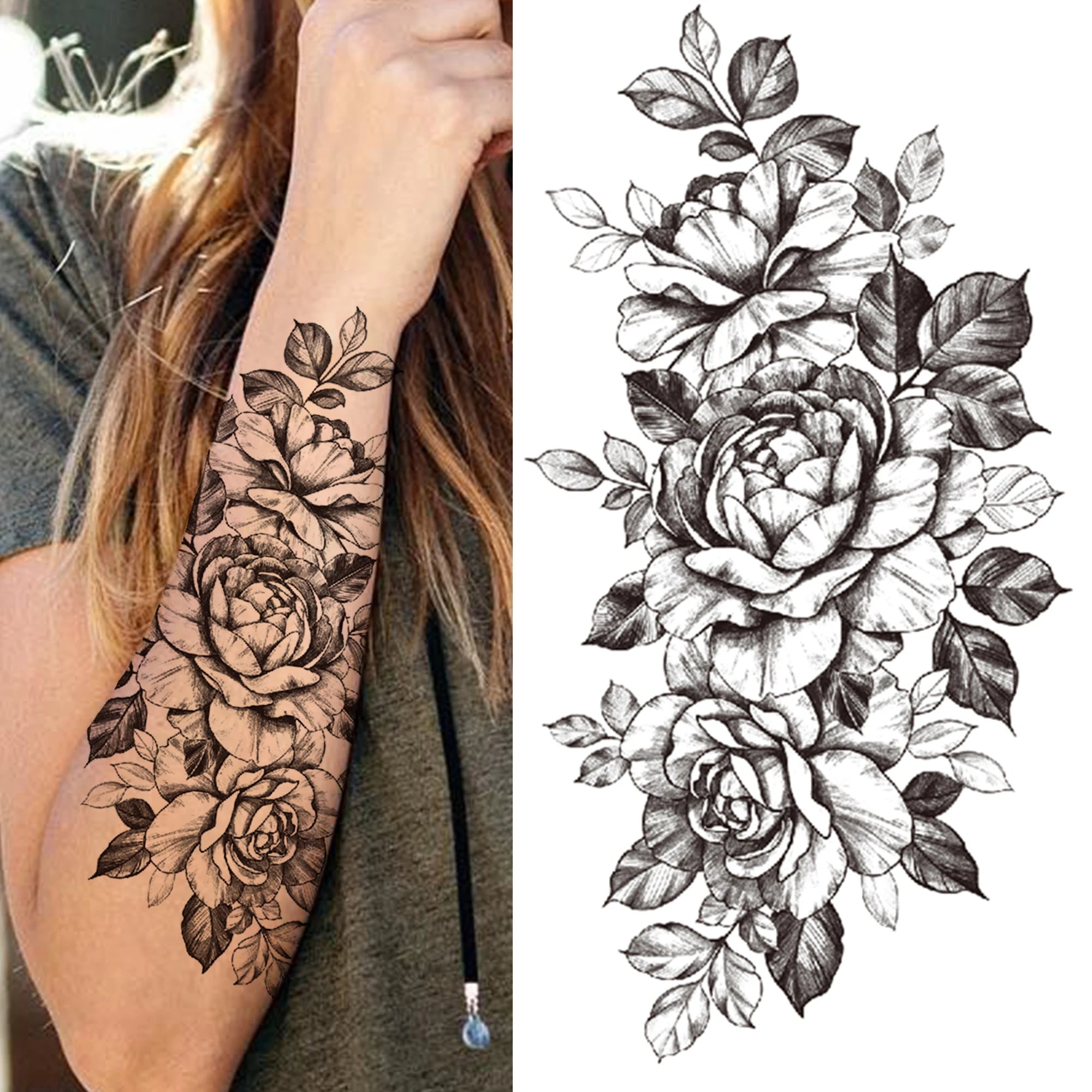 Qfdian Black Sexy Flower Waterproof Temporary Tattoos Sticker Rose Snake Lion Women Body Arm Painting Realistic Fake Tattoo