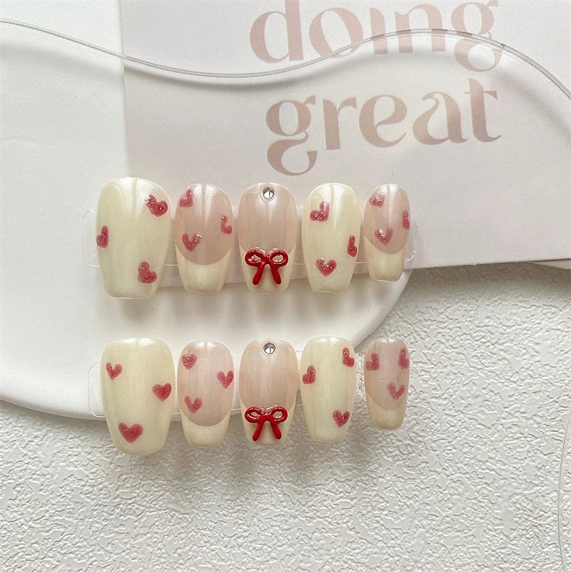 Qfdian Handmade Press on Nails Full Cover Bowknot Heart Acrylic French False Nails Cute with Aurora Reusable Manicure Nail Kit Manicure