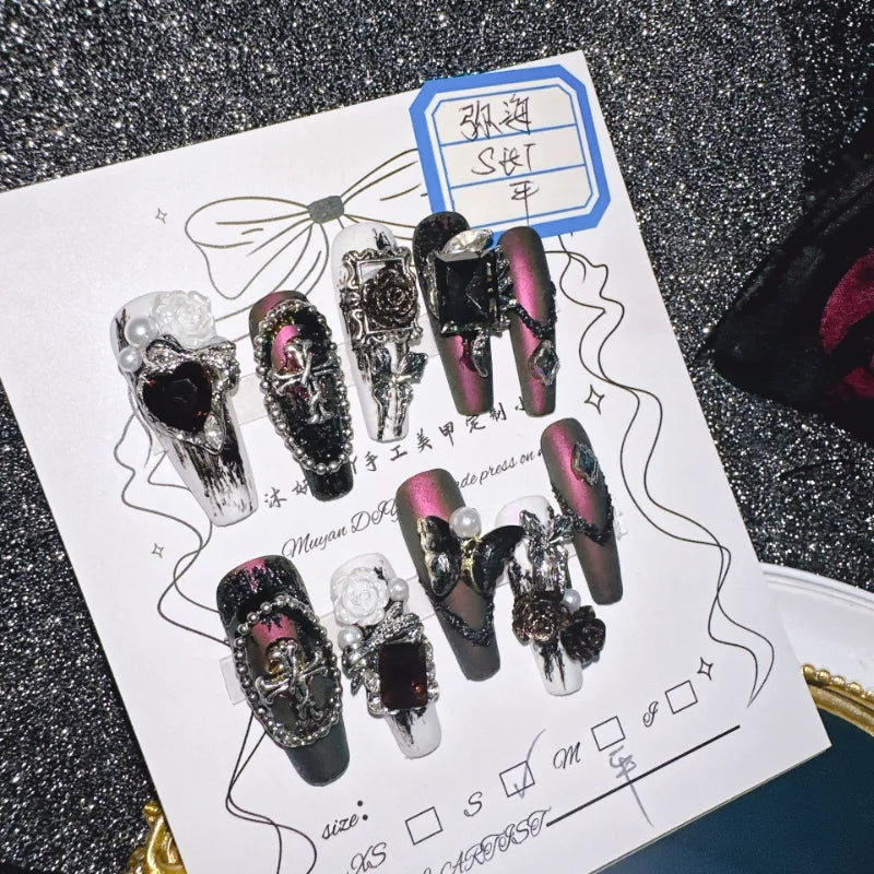 Qfdian 10Pcs High Quality Handmade Press on Nails Mihai Matte Darkening Niche Style Spicy Girl Nail Drill Decoration