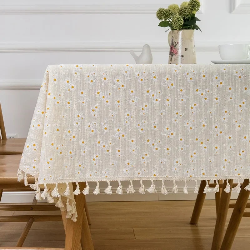 Qfdian Cotton Blend Tablecloth Beige Floral Printed Washable Farmhouse Table Cover for Wedding Party Living Room Baby Shower Decoration