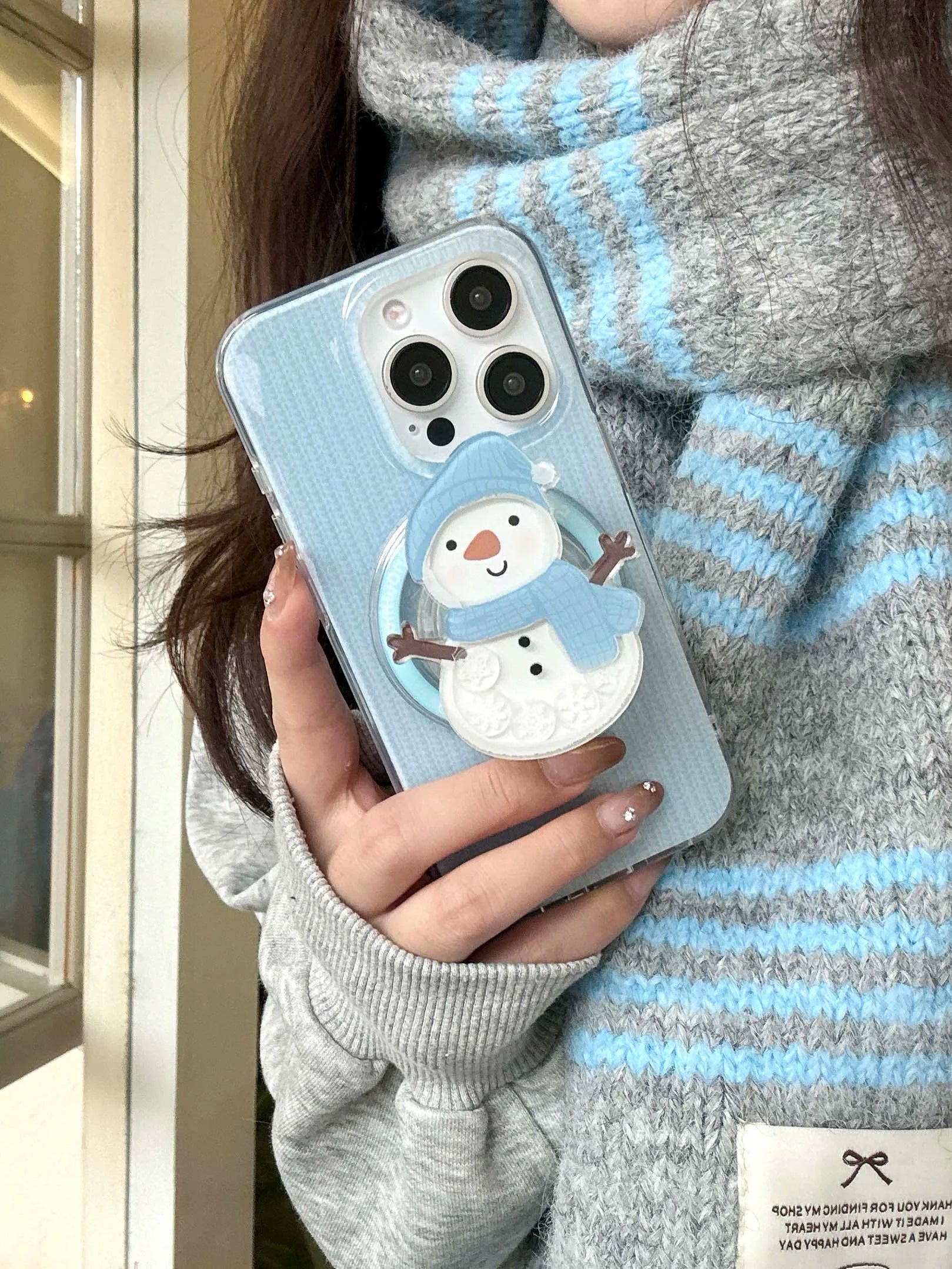 Qfdian Snowman stand holder magnetic cover for iphone 13 15 15pro 14promax 16 14 pro max 13promax winter stripes ins phone case