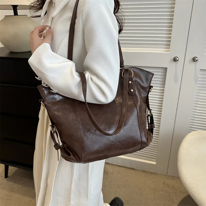 Qfdian Women Tote Bag New Fashion Retro Commuter Bags Large Capacity Crossbody Bag Student Book Shopping Shoulder Bag