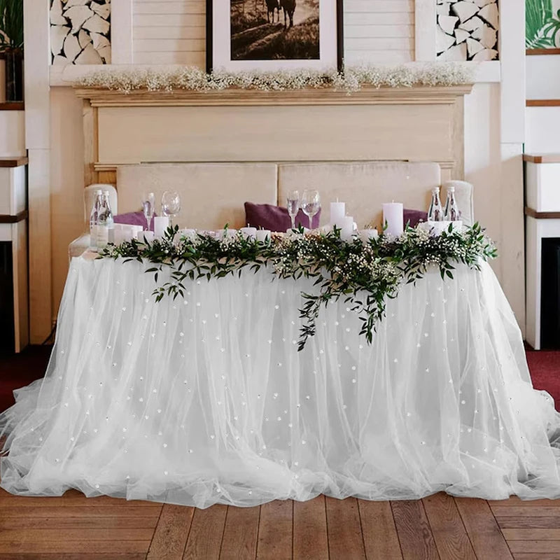 Qfdian Pearl Table Runner Gauze Chiffon White Wedding Arch Decoration Romantic Bridal Baby Shower for Holiday Party Birthday Cake Decor