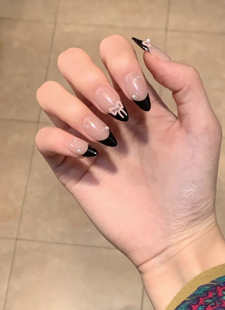 10PCS Handmade French Nails Long Press on Acrylic Fake Nails with Bow Press on Design Full Cover Fake Nail Decorations Tips