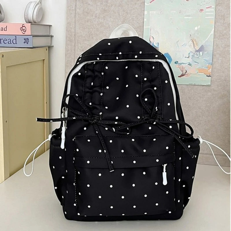Qfdian Backpacks for Women Students Sweet Dot Chic Bow Schoolbags Y2k Aesthetic Casual Fashion Backpack Trendy Kawaii Girls School Bags