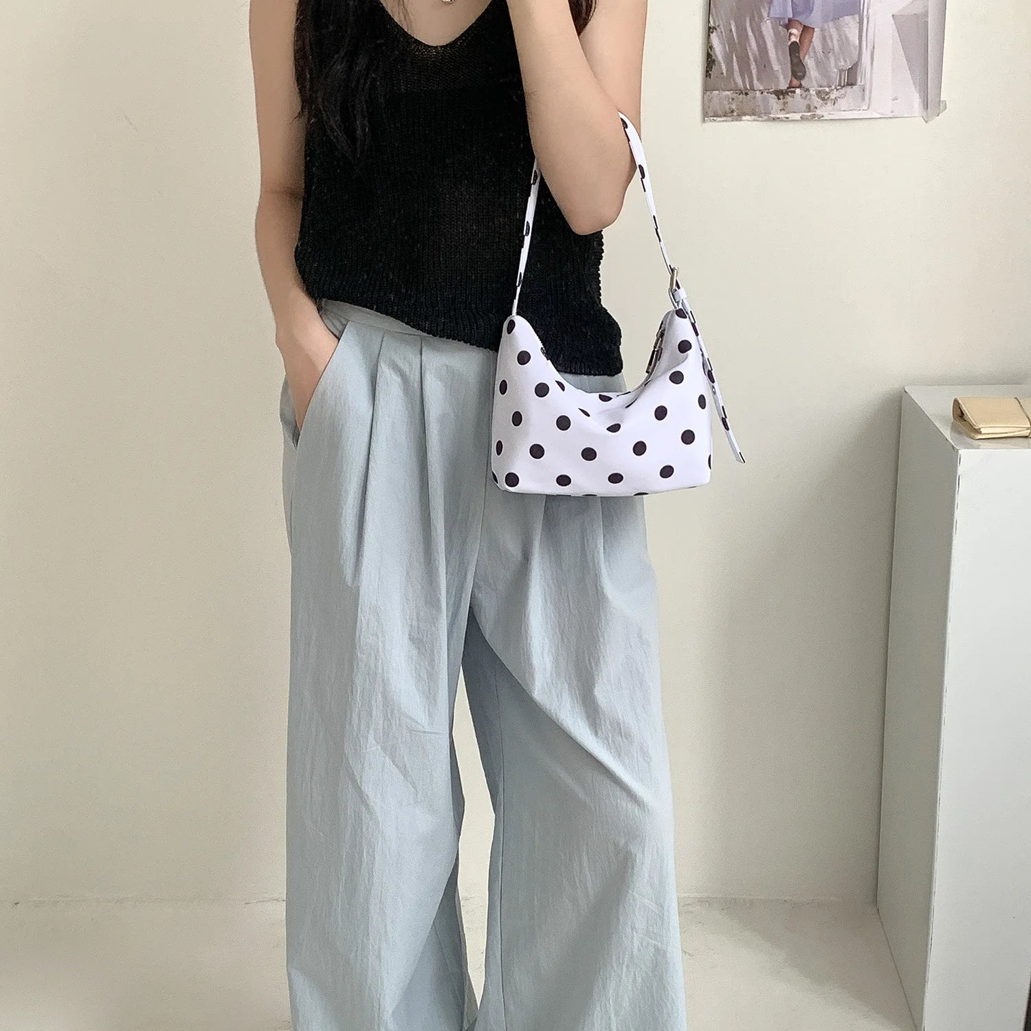 Qfdian Nylon Casual All Match Fashion Dot Shoulder Bags Women Y2k Aesthetic Simple Underarm Bag Vintage Office Lady Purses and Handbags