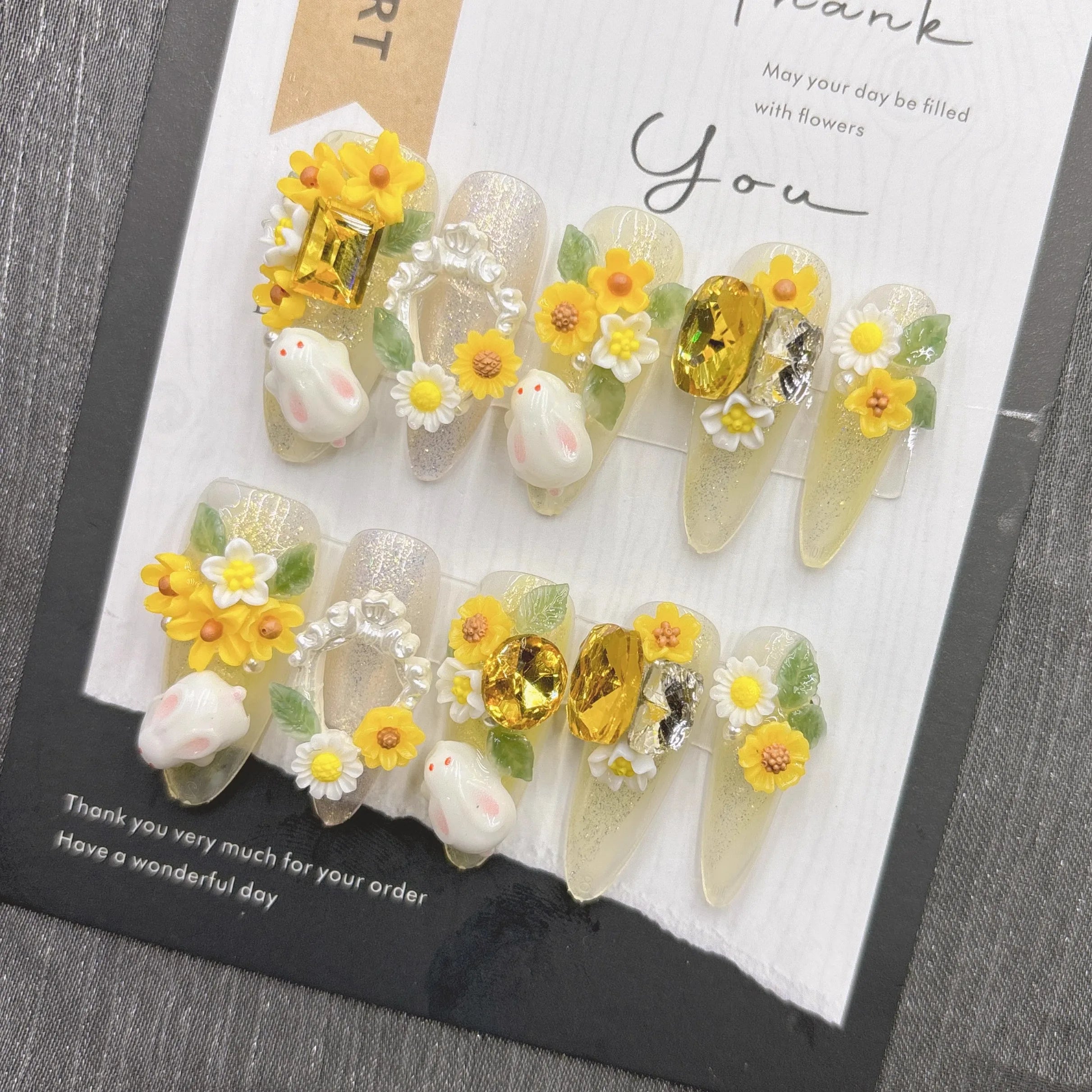 Qfdian Spring Cute Press on Nails White Rabbit Yellow Flower Gold Gem Glitter Nail Art Flexible Comfortable Durable for Women Girls
