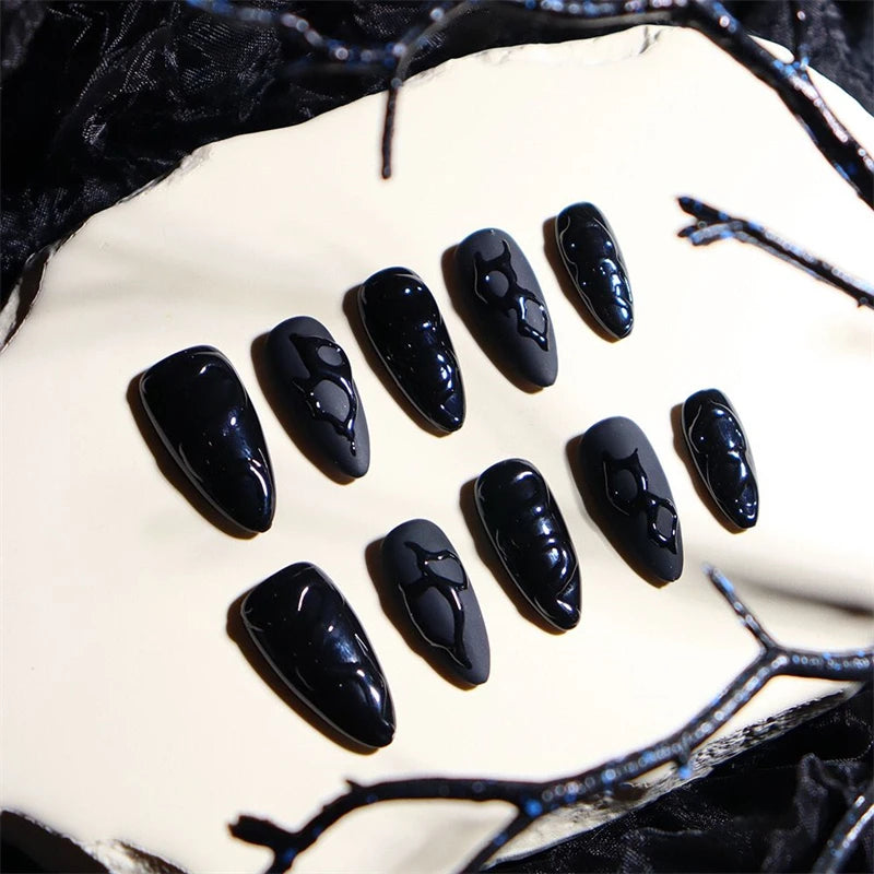 Qfdian Handmade Press on Nails Short Black Simple Reusable Adhesive False Nails Artifical Acrylic Full Cover Manicure Nail Tips Kit