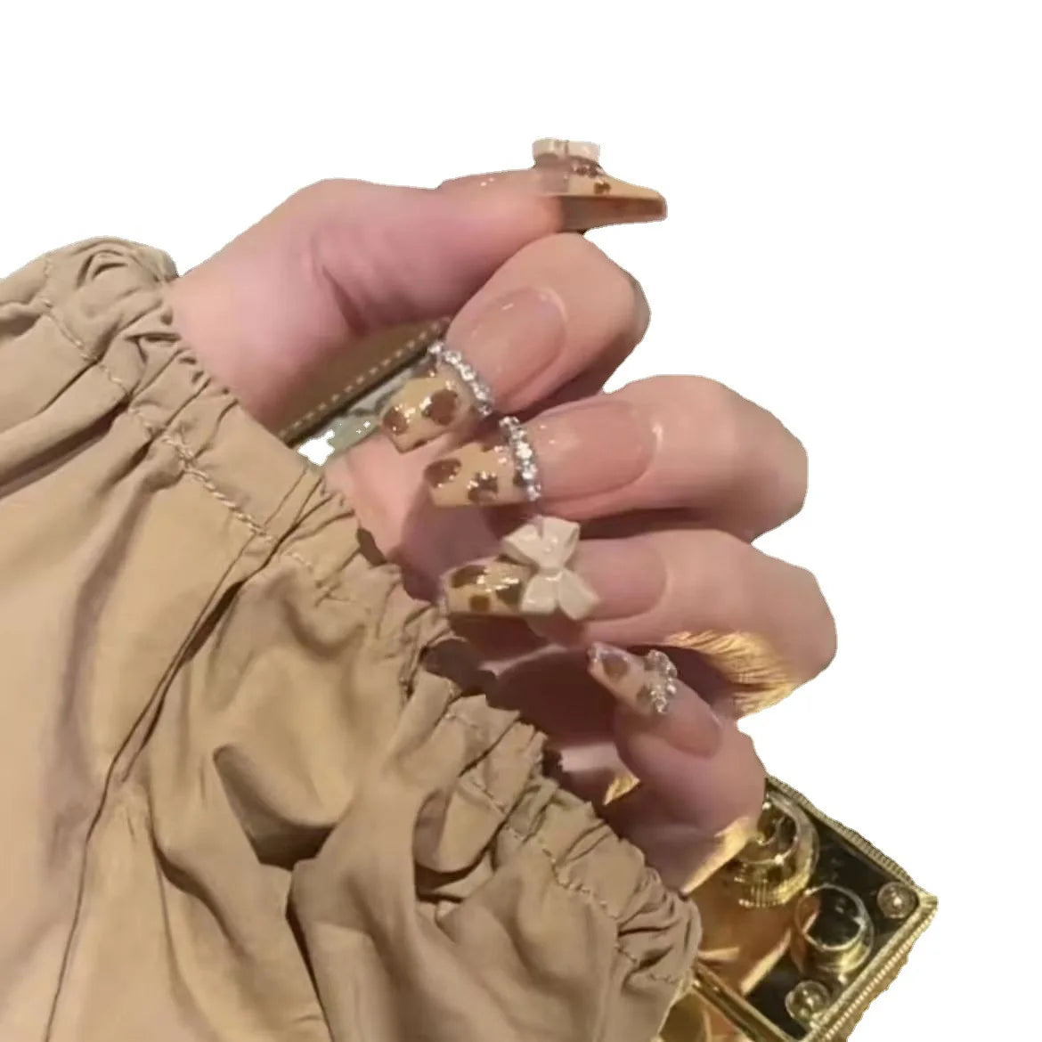 10Pcs Handmade Advanced Leopard French Press On Nail With Bowknot Ballerina Wearable Fake Nail Artificial Nail Art