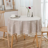Qfdian Round Tassel Plaid Tablecloths Heavy Weight Cotton Linen Fabric Dust-Proof Table Cover Kitchen Dining Party Tabletop Decorations