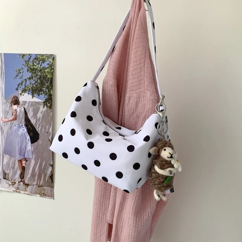 Qfdian Nylon Casual All Match Fashion Dot Shoulder Bags Women Y2k Aesthetic Simple Underarm Bag Vintage Office Lady Purses and Handbags