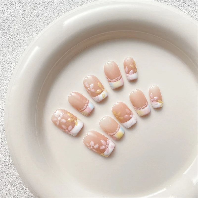 Qfdian Painted Flower Handmade Press On Nails Fake Nails French Manicure Artistic Gentle False Full Cover Nail Patch Color Finger Tips