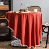 Qfdian Solid Round Tablecloths with Pom Poms Cotton Tablecloth Table Covers for Kitchen Dining Restaurant Wedding Party Home Decoration