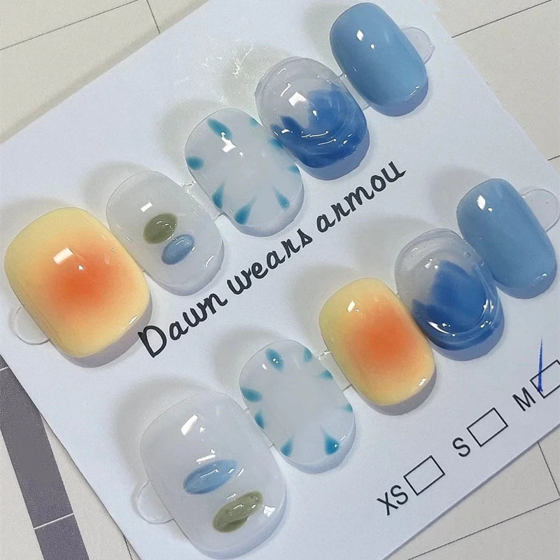 Qfdian Handmade Short Fake Nails Press on Nails Smudge Blue Cute Manicure Artificial Nail Reusable Adhesive Round Head Finger Tips Art