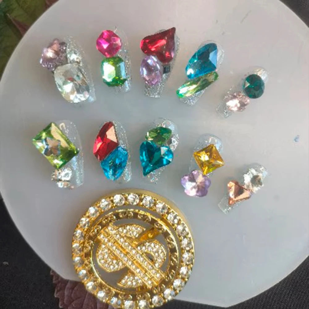 Qfdian 10Pcs High Quality Handmade Press on Nails Colorful Angel Heavy Industry Purple Sparkling Alien Diamond Nail Art Shows White