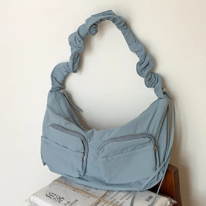 Qfdian Vintage Women Nylon Zipper Hobo Bag Streetwear All Match Y2k Aesthetic Ins Shoulder Bags Drawstring Pleated Handbags Crossbody