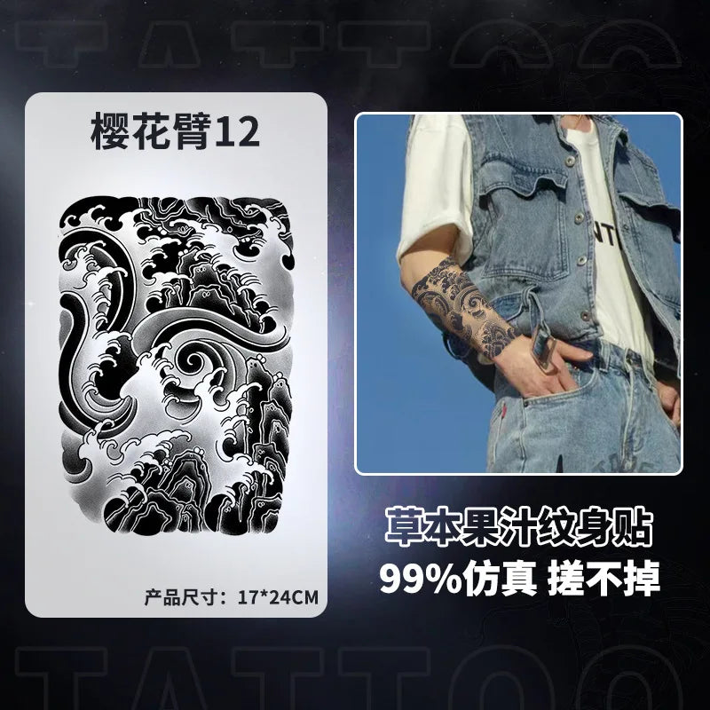 Qfdian Japanese Traditional Half Arm Herbal Juice Temporary Tattoo Stickers Sakura Leaf Lasting Art Fake Tattoo Men Women Faux Tatouage