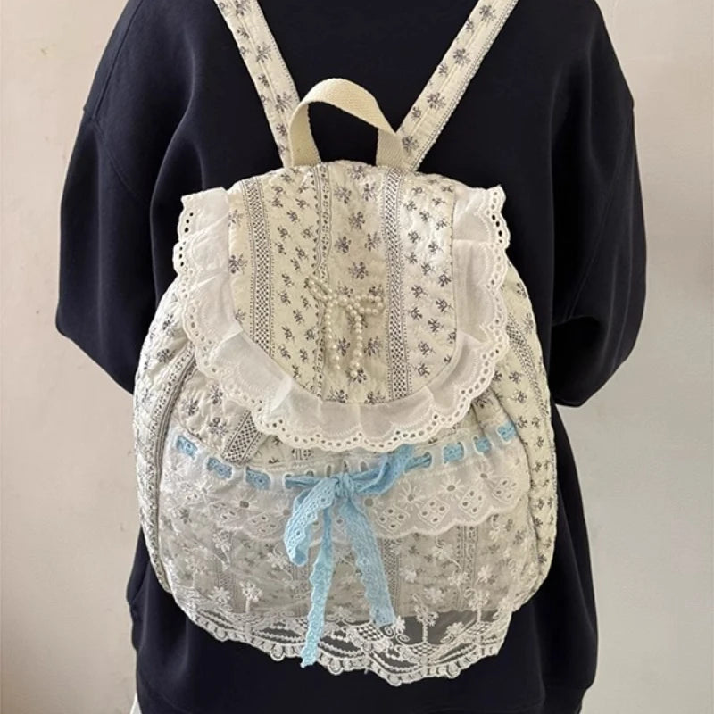 Qfdian Korean Lace Patchwork Sweet Bow Backpack Women Students Chic Flower Print Bow Schoolbags Y2k Aesthetic Girls All Match Backpacks
