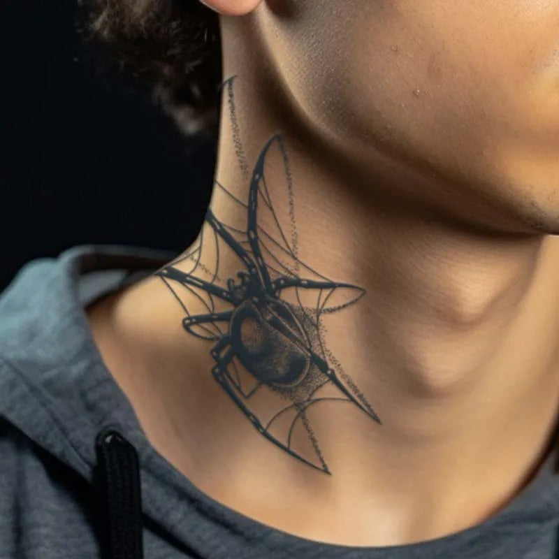 Qfdian Black Spider Temporary Tattoo Stickers Waterproof Long Lasting One Week To Two Weeks,realistic, For Men Neck Arm Chest