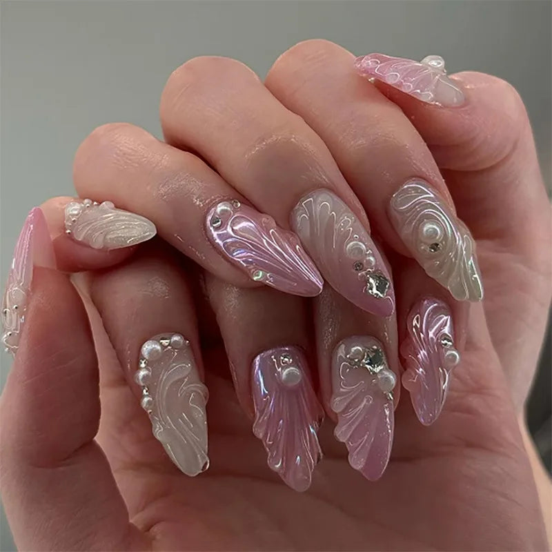 Qfdian 24Pcs Almond Press on Fake Nails Long French False Nails with Pink Bow Wearable Flower Design Oval Manicure Full Cover Nail Tips