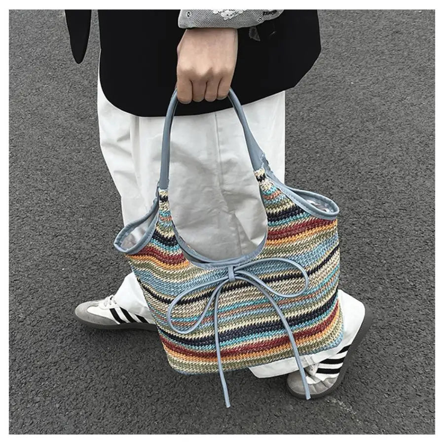 Qfdian Large capacity simple casual armpit bag, fashionable woven bag, beach shoulder bag