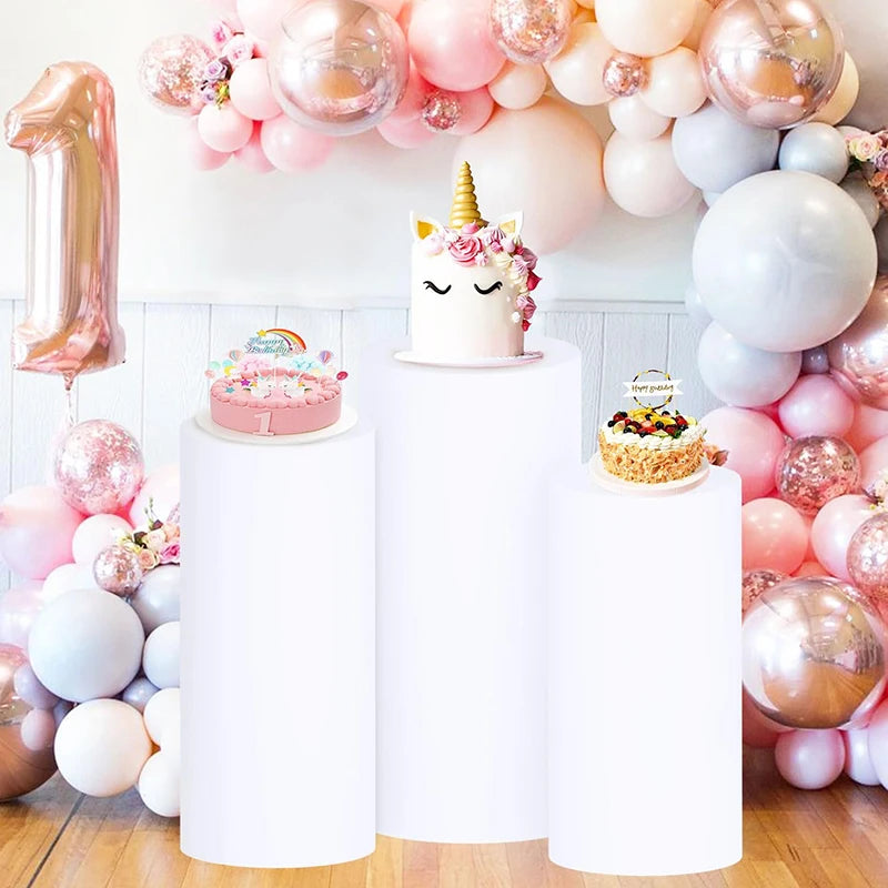 Qfdian White Cylinder Pedestal Stand Covers Set of 3 Round Elastic Cloth Pillar Plinth Cover for Birthday Wedding Party Baby Decoration