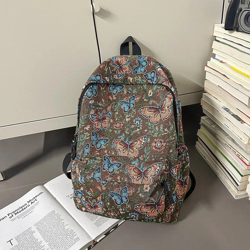Qfdian New Chinese Style Woven Flower Backpack 2025 New Large Capacity Fashionable Lightweight Travel Bag Backpack