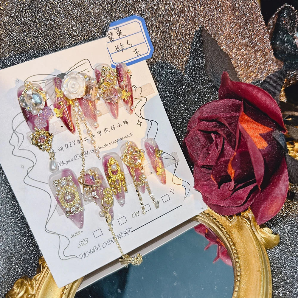 Qfdian 10Pcs High Quality Handmade Press on Nails Purple Jade Noble Elegant Luxurious Flower God Niche Style Spicy Drill  Decoration