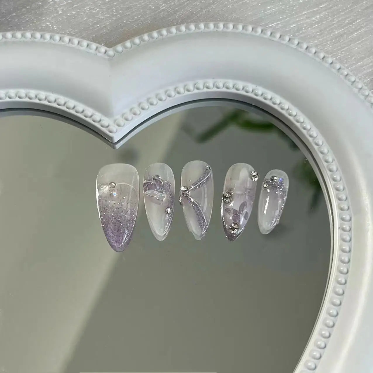 Qfdian Handmade Press on Nails Purple Fake Nails with Butterfly Sparkling False Nails Sweet Acrylic Full Cover Almond Nails