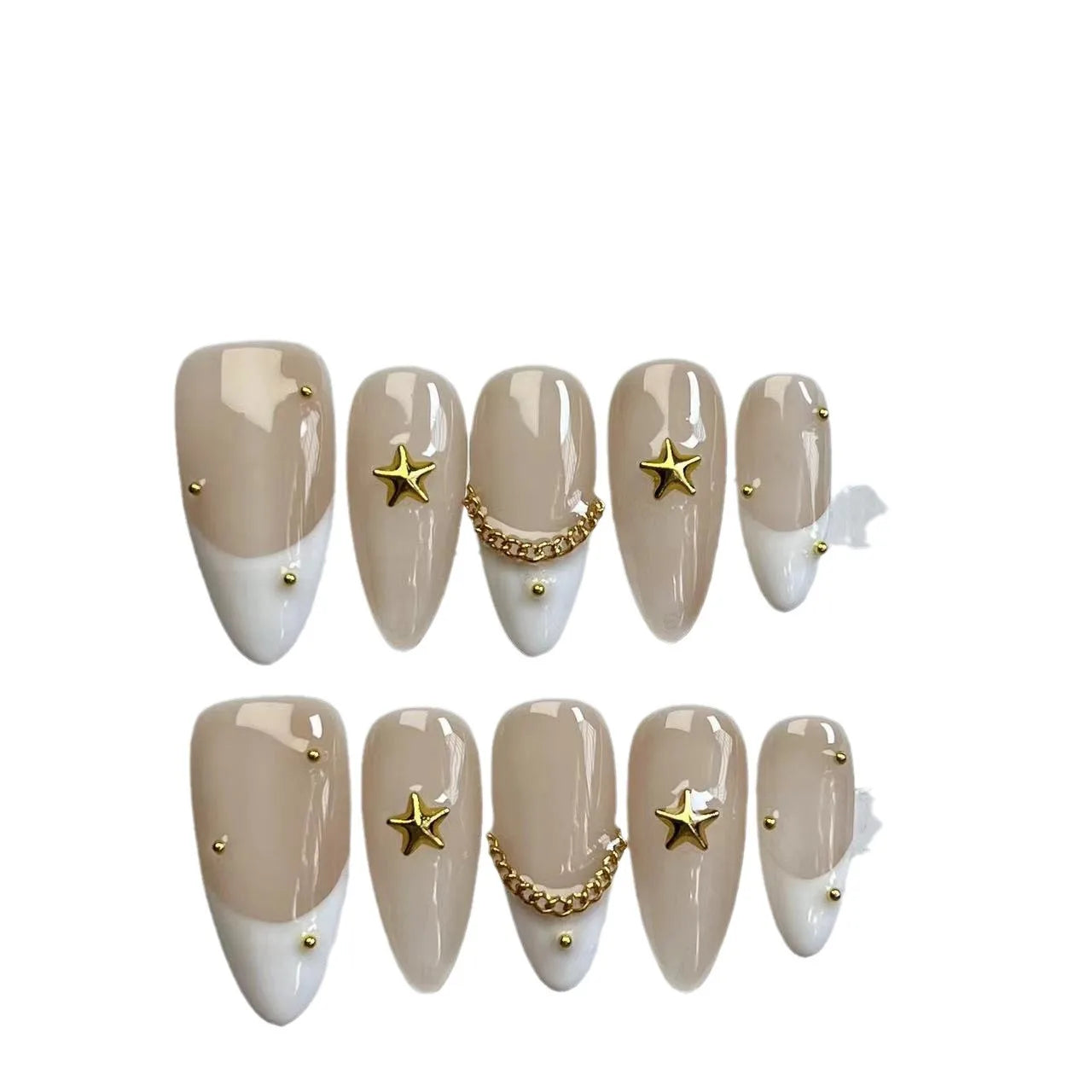 Qfdian Handmade Almond Press On Nail Reusable French Fake Nails Rhinestone Full Cover Artificial Manicuree Wearable Nail Tips Art