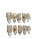 Qfdian Handmade Almond Press On Nail Reusable French Fake Nails Rhinestone Full Cover Artificial Manicuree Wearable Nail Tips Art