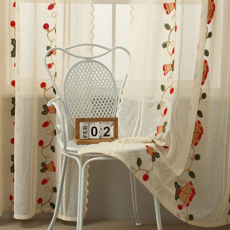 Qfdian 78 Inch Christmas Sheer Curtains for Living Room Bedroom Lace Beige Bells Embroidery Home Decorations Rod Pocket Window Curtains