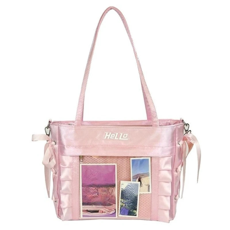 Qfdian All Match Transparent Bandage Bow Shoulder Handbags Casual Vintage Y2k Aesthetic Ita Bags Streetwear Women Grunge Underarm Bag