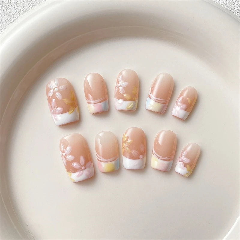 Qfdian Painted Flower Handmade Press On Nails Fake Nails French Manicure Artistic Gentle False Full Cover Nail Patch Color Finger Tips