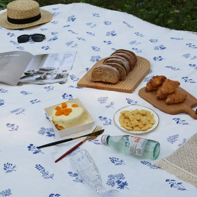 Qfdian Cotton Ruffle Tablecloth Rectangular Farmhouse Embroidery Floral Blue Table Covers for Kitchen Living Room Outdoor Wedding Decor