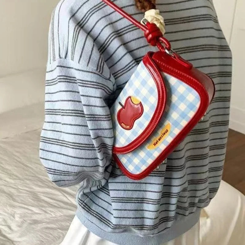 Qfdian Patchwork Contrast Color Plaid Underarm Bag Japanese Girls Kawaii Sweet Shoulder Handbags Y2k Women Fashion Chic Crossbody Bags