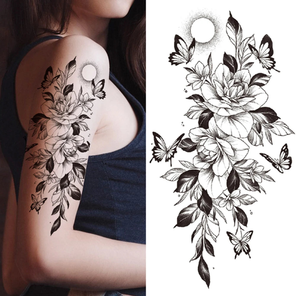 Qfdian Black Sexy Flower Waterproof Temporary Tattoos Sticker Rose Snake Lion Women Body Arm Painting Realistic Fake Tattoo