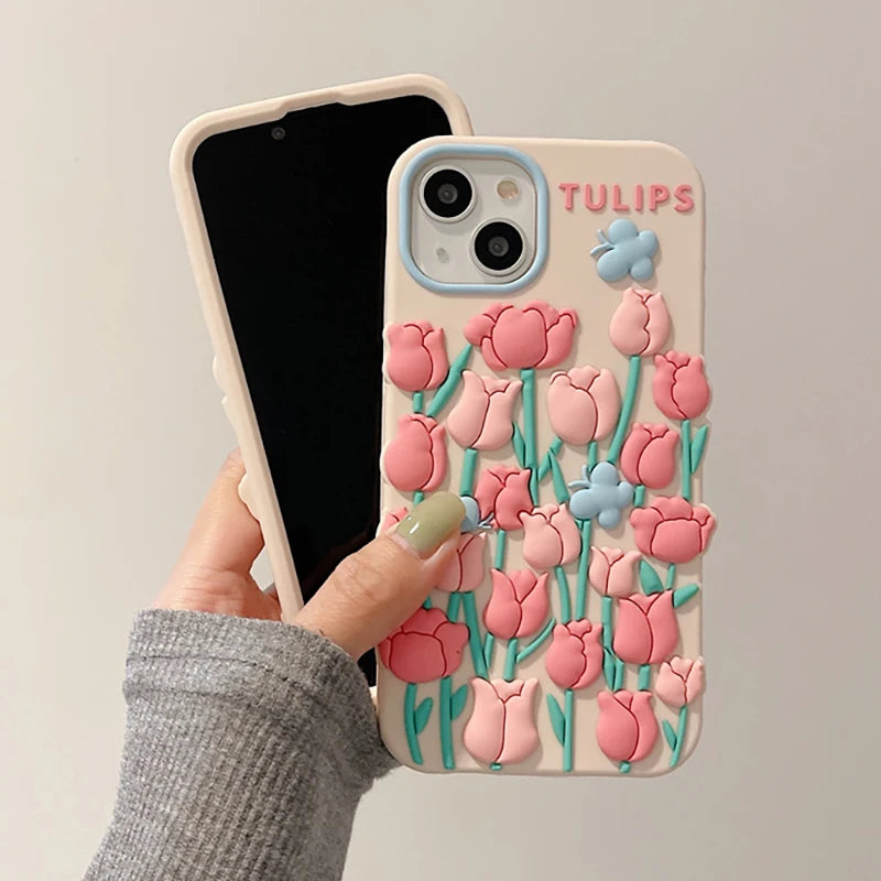 Qfdian Cute 3D Tulip Flower Butterfly Case For iPhone 13 12 11 14 15 Pro Max XS X XR 7 8 14 Plus SE 3 2 Silicone Soft Phone Back Cover