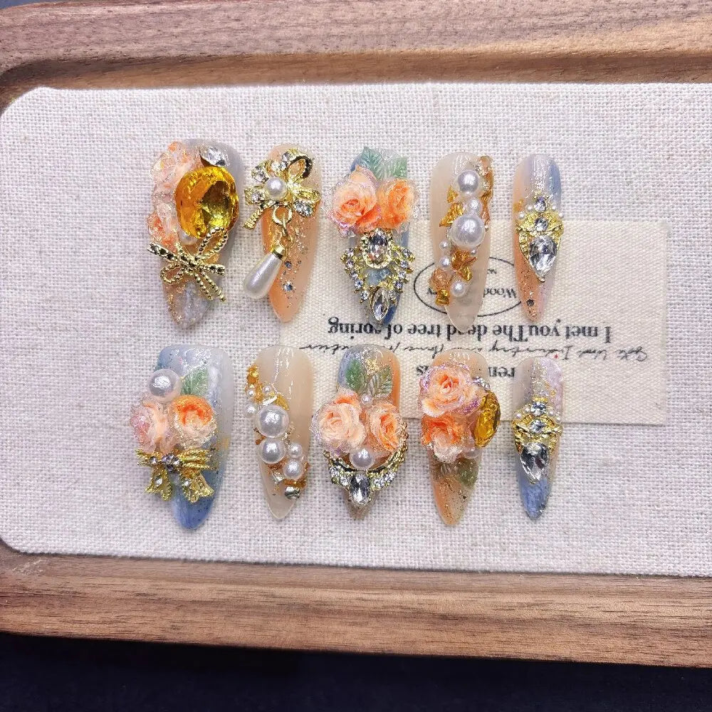 Qfdian Luxury Press On Nails French Romantic Style with Alloy Gems Crystal Pearls Resin Flowers Elegant Glam Design for Party Wedding