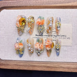 Qfdian Luxury Press On Nails French Romantic Style with Alloy Gems Crystal Pearls Resin Flowers Elegant Glam Design for Party Wedding