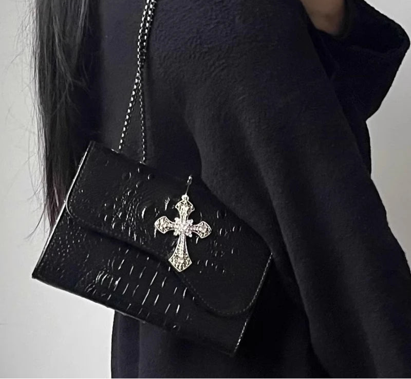 Qfdian Y2k Aesthetic Punk Gothic Cross Shoulder Bag Women Vintage Fashion Casual Handbags All Match Trendy Office Lady Crossbody Bags
