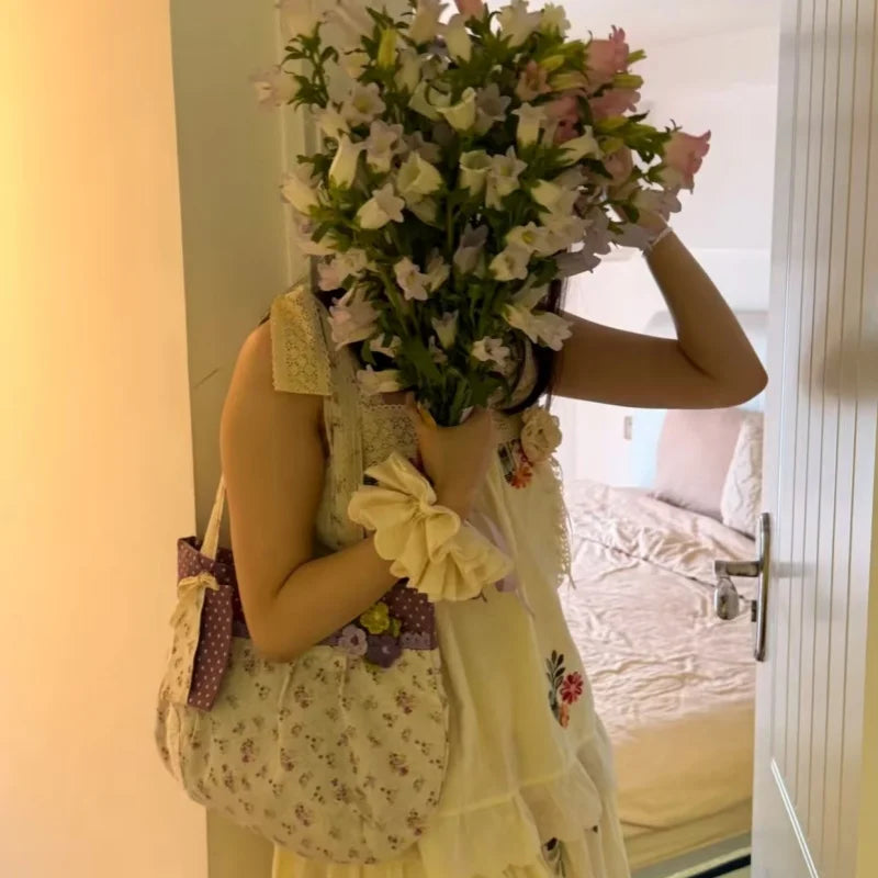 Qfdian Y2k Aesthetic Chic Flower Print Shoulder Bags Women Contrast Color Sweet Kawaii Dot Underarm Bag Fashion Cute Purse and Handbags