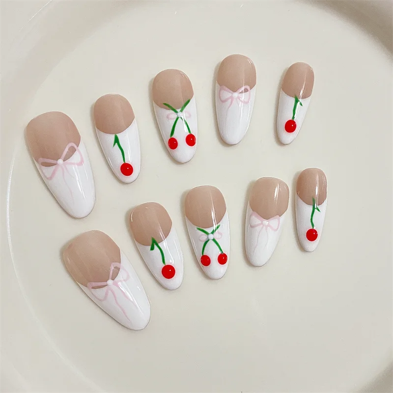 Qfdian 10Pcs White French Handmade Press On Nails Medium-Length Oval Fake Nails Solid Full Cover Cherry Bow Knot Design Manicure Art