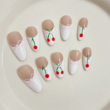 Qfdian 10Pcs White French Handmade Press On Nails Medium-Length Oval Fake Nails Solid Full Cover Cherry Bow Knot Design Manicure Art