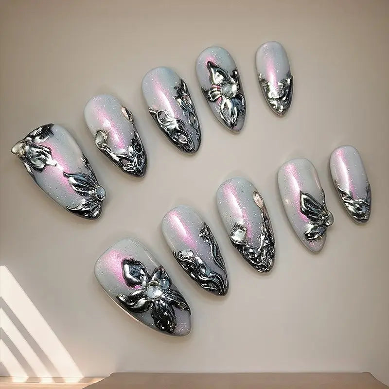 Qfdian 10pcs Handmade y2k Press on Nails Reusable Adhesive Almond Powder False Nail Manicure Fake Nails Art Gorgeous Medium-length Tips