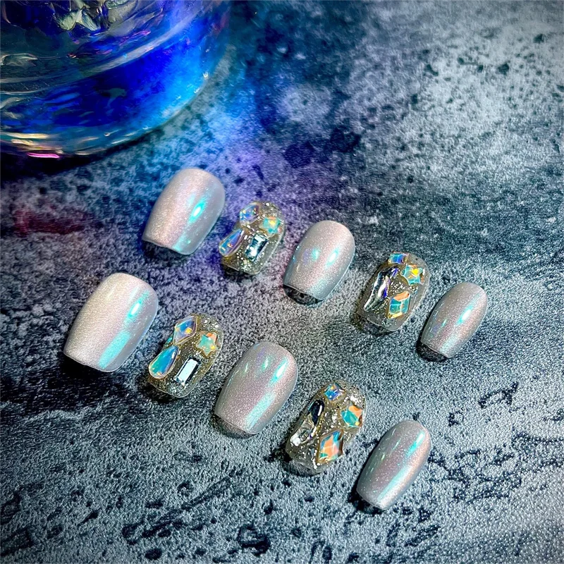 Qfdian Aurora Handmade Press on Nails Fairy Aurora Glitter Fake Nails with Diamond Cat's Eye Ballerina Wear Nail Rewearable Finger Tips